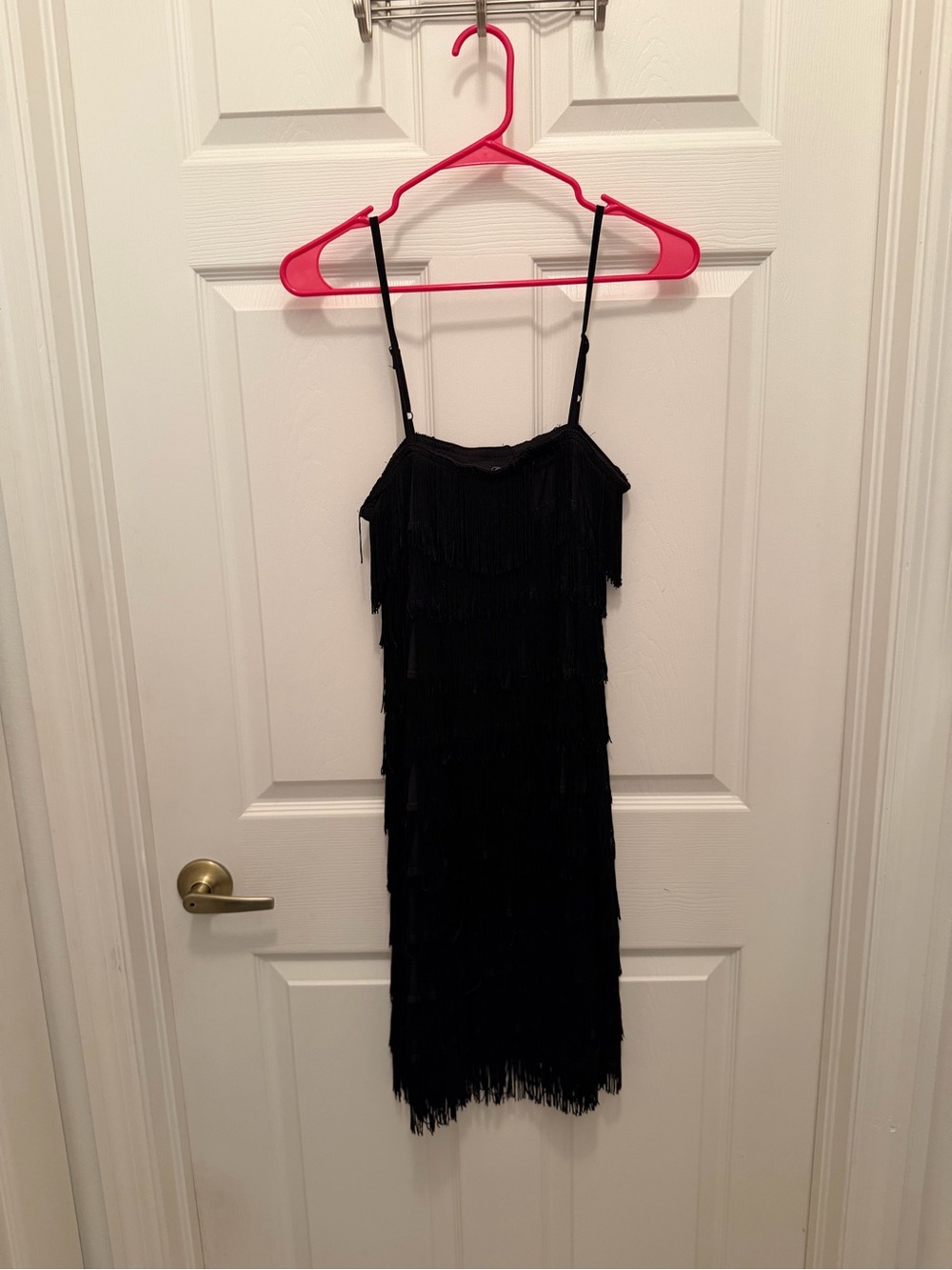 Fringed Black Slip Mini Dress with Spaghetti Straps